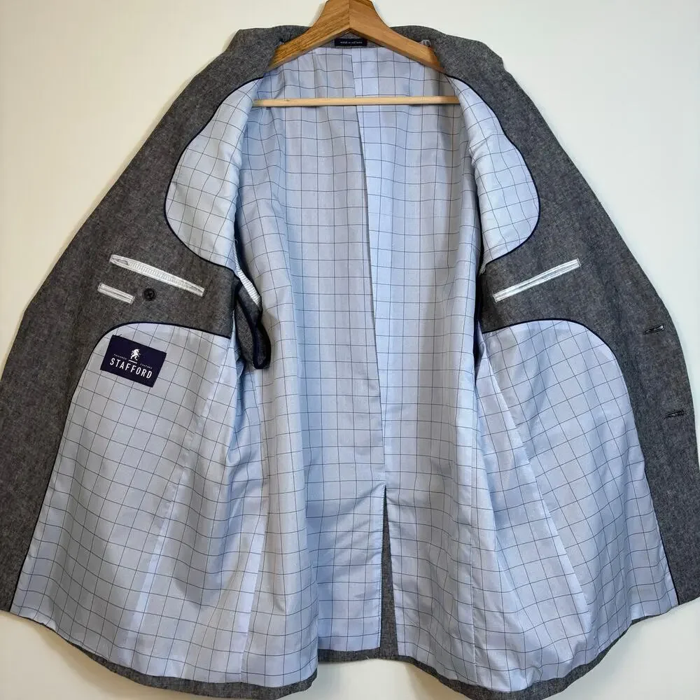 Stafford Linen Cotton Blend Sport Coat Size 46R Grey Breathable Business Casual